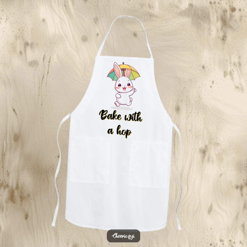 Funny apron with a happy rabbit character gleefully hopping with a tiny umbrella, ideal for kitchen activities.