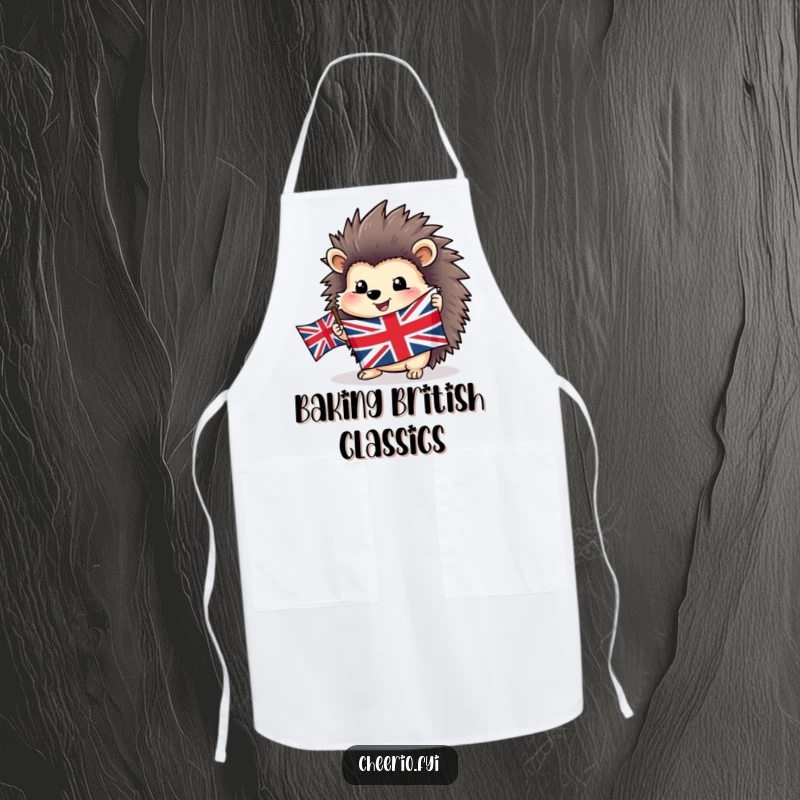 Funny happy hedgehog apron proudly holding a Union Jack flag, ideal for patriotic and cheerful kitchen activities.