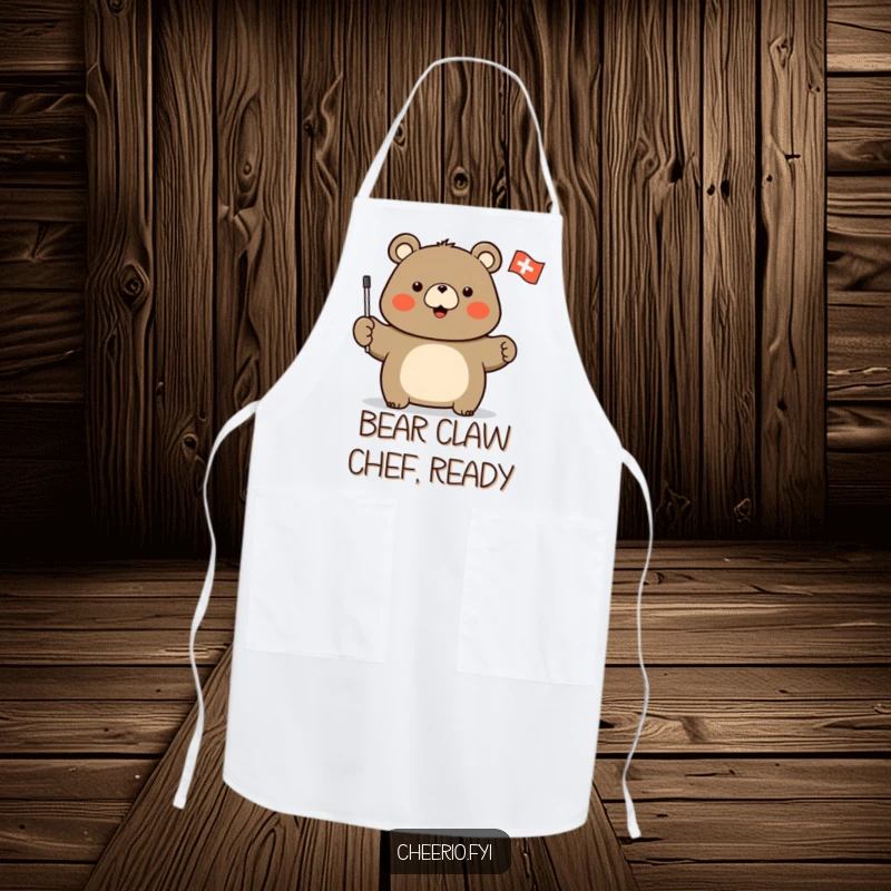 Funny apron with a stout bear character enthusiastically waving a small flag with a white cross, ideal for kitchen activities.