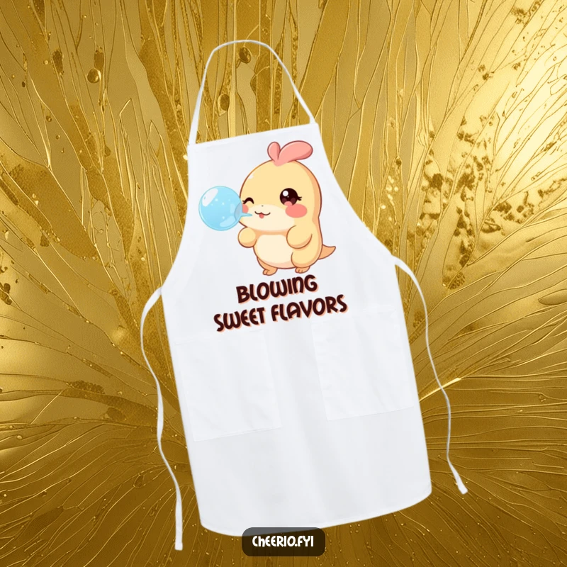 Funny Apron with a creature sporting a twinkling eye, cheerfully blowing a large bubble, ideal for playful kitchen activities.