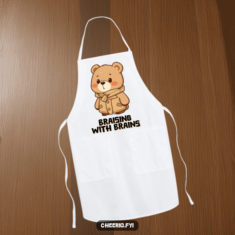 Funny Apron: A bear in a tweed jacket and scarf looking thoughtfully into the distance, a humorous and practical kitchen accessory.
