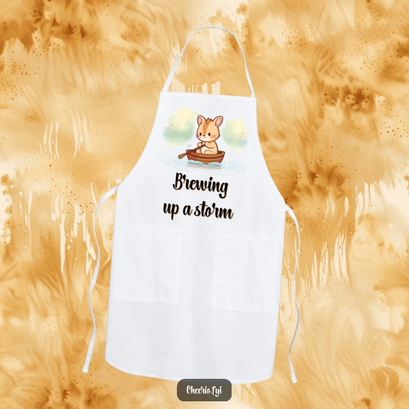 Funny British animal character rowing a boat on a river, a humorous apron for kitchen use, adding fun to cooking.