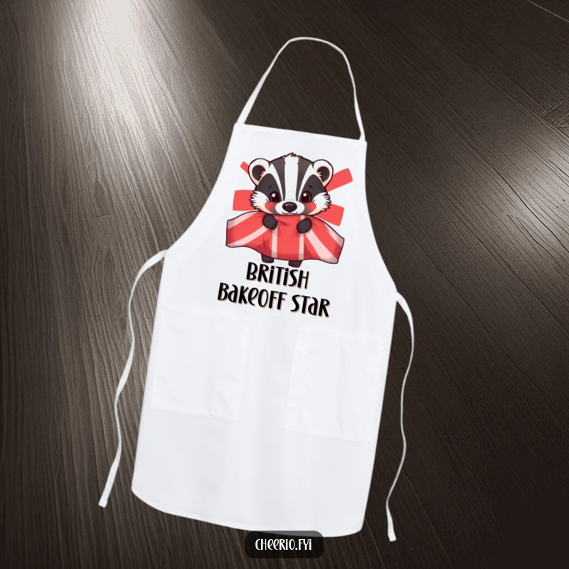 Funny apron with a curious badger peeking from behind a Union Jack flag, perfect for cooking and kitchen activities.