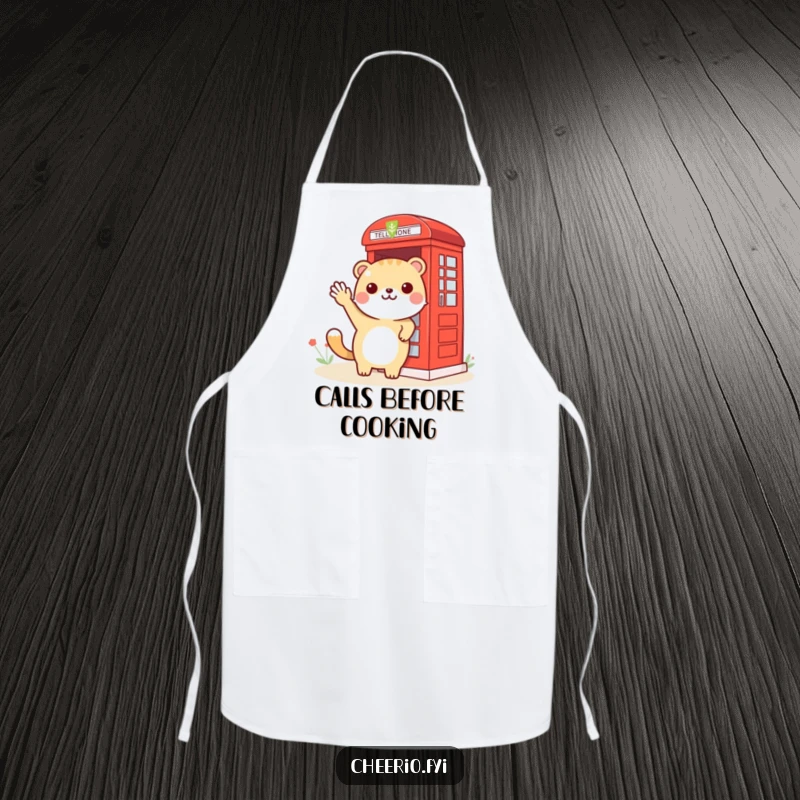 Funny animal with a friendly wave towards a red phone booth, illustrated on a humorous kitchen apron.