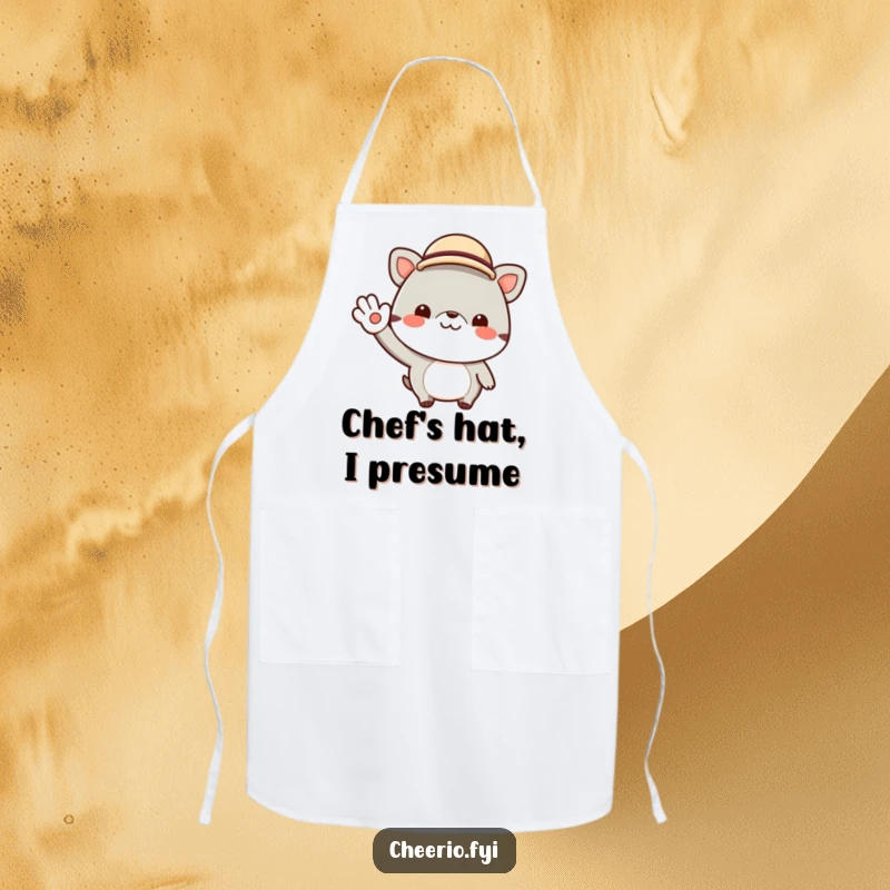 Funny apron showing a cheerful animal character wearing a small bowler hat and giving a jaunty wave. Adds charm to kitchen tasks.