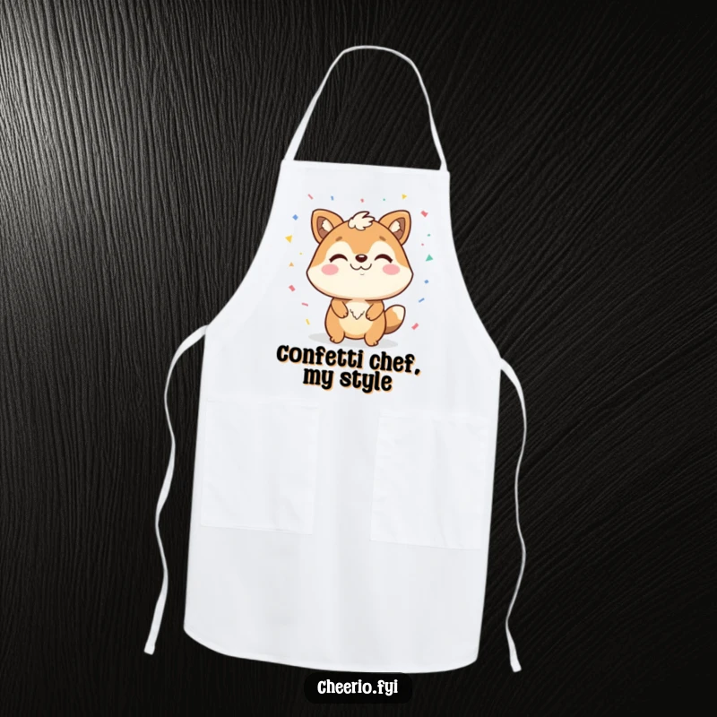 Funny apron adorned with a happy animal character with a confident smirk, playfully throwing confetti during kitchen activities.