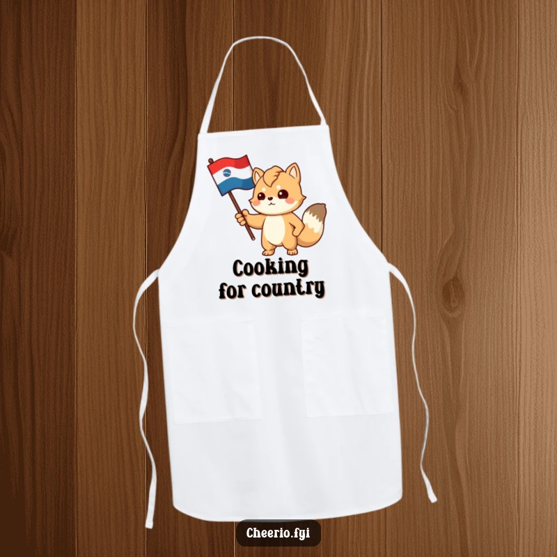 Funny apron showcasing a proud, determined animal character gesturing towards a stylized flag, perfect for patriotic cooking.