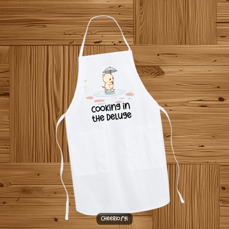Funny creature with a small umbrella bravely walking across a puddle, illustrated on a humorous kitchen apron.