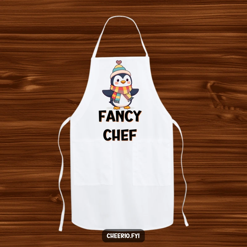Funny Penguin Apron: A penguin in a top hat waves a colorful scarf, perfect for stylish cooking and kitchen flair. A great funny gift.