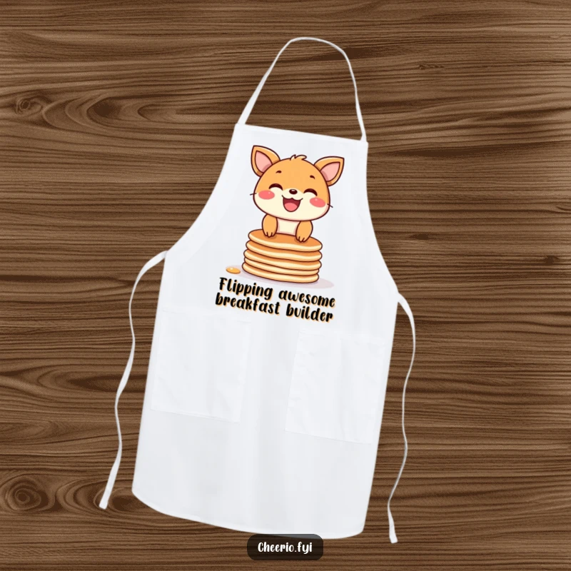 Funny apron adorned with a joyful animal character sporting a wide grin while balancing on a stack of pancakes, ready for cooking.
