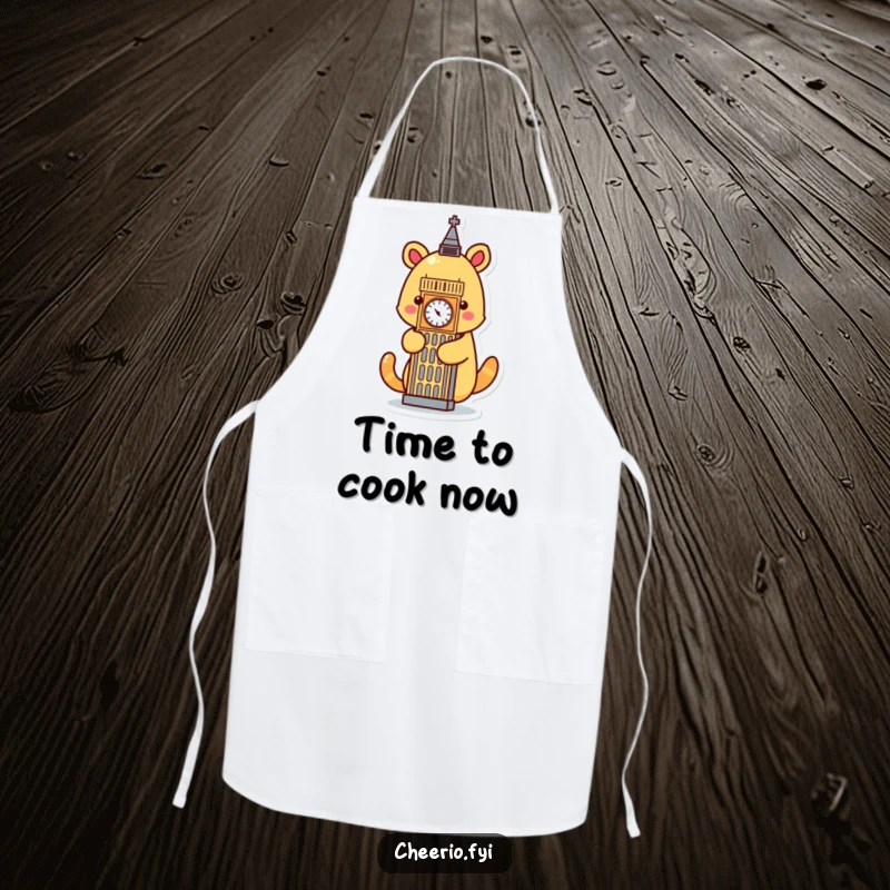 Funny cartoon animal embracing a stylized Big Ben icon, illustrated on a humorous kitchen apron.