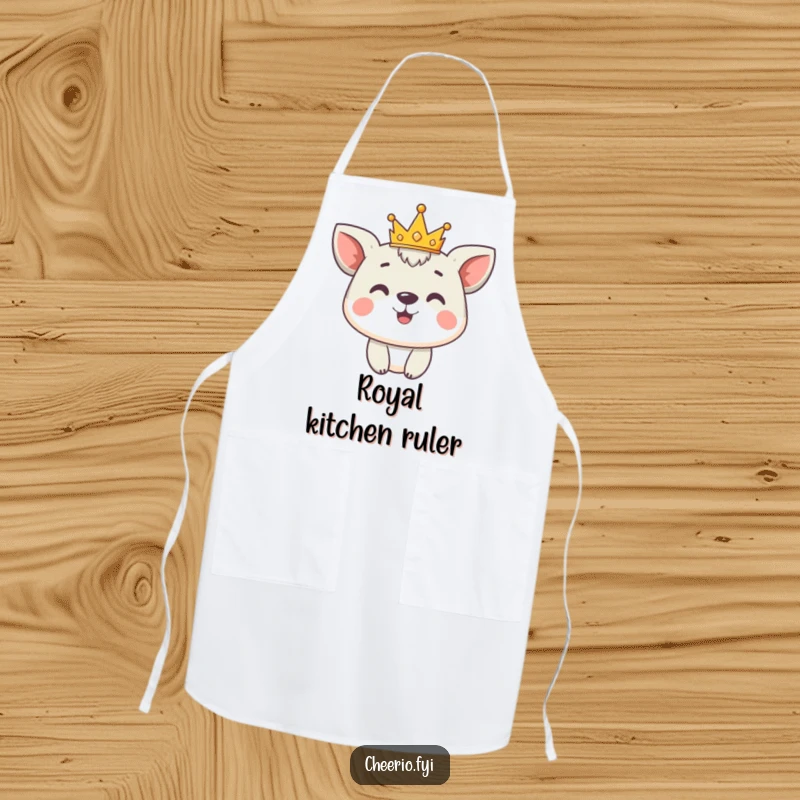 Funny Apron: Cute animal character proudly wears a tiny crown, keeping you clean with regal humor.