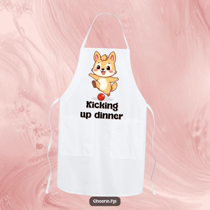 Funny apron design of a happy animal character enthusiastically kicking a small red ball, ideal for kitchen playfulness.