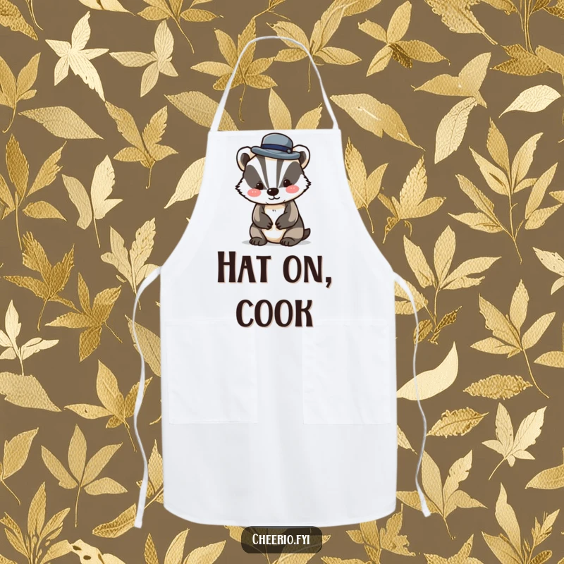 Funny apron depicting a dapper badger character tipping a miniature bowler hat, designed for stylish and humorous kitchen adventures.