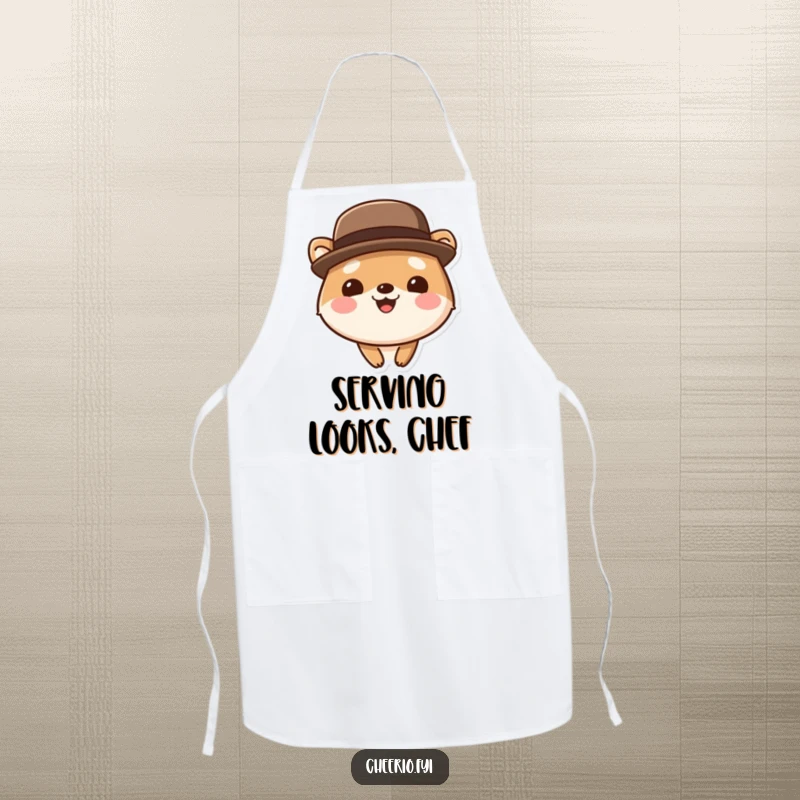 Funny cute animal apron wearing a bowler hat, smiling broadly, perfect for adding dapper humor to cooking tasks.