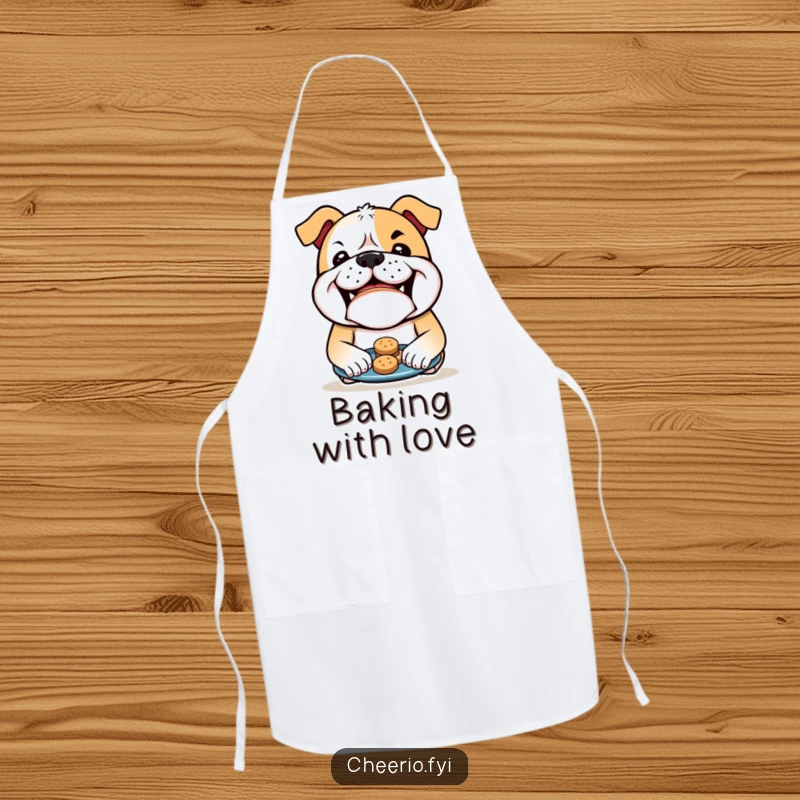 Funny Bulldog Apron: A bulldog with a mischievous grin offers plate of biscuits, perfect for kitchen fun and culinary endeavors. A great funny gift.