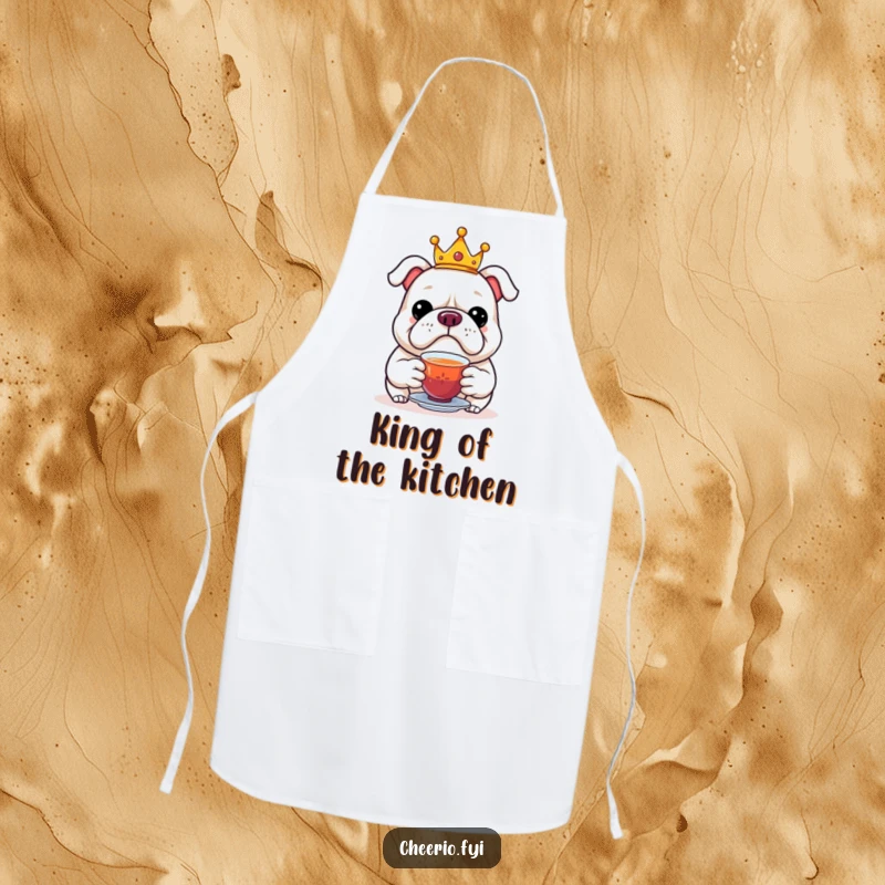 Funny apron illustrating a jolly bulldog wearing a crown, offering tea, perfect for elegant tea parties.