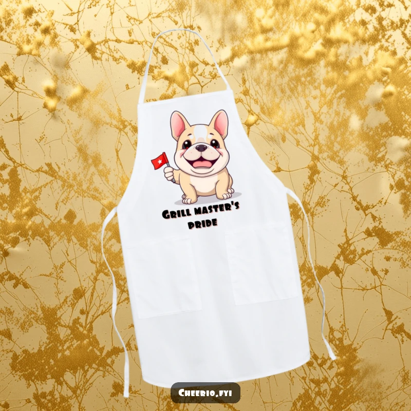 Funny Bulldog Apron: A happy bulldog wearing an apron holds a miniature flag, ready to cook.