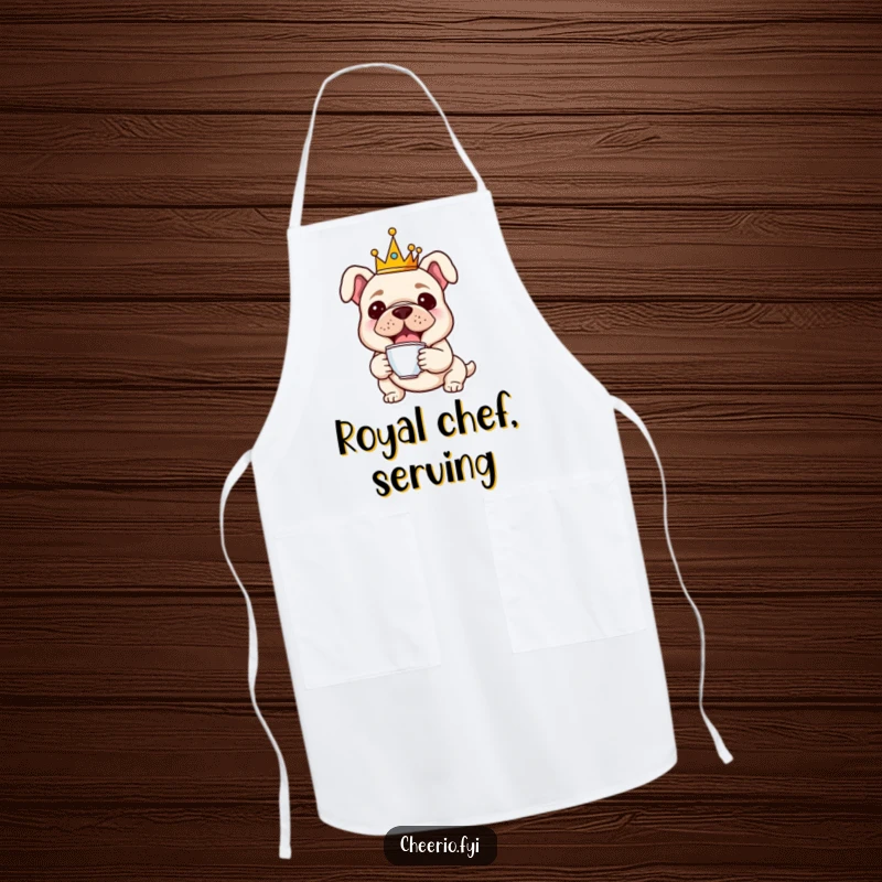 Funny apron showcasing a cheerful bulldog in a crown holding a tiny teacup, perfect for tea parties and cooking.