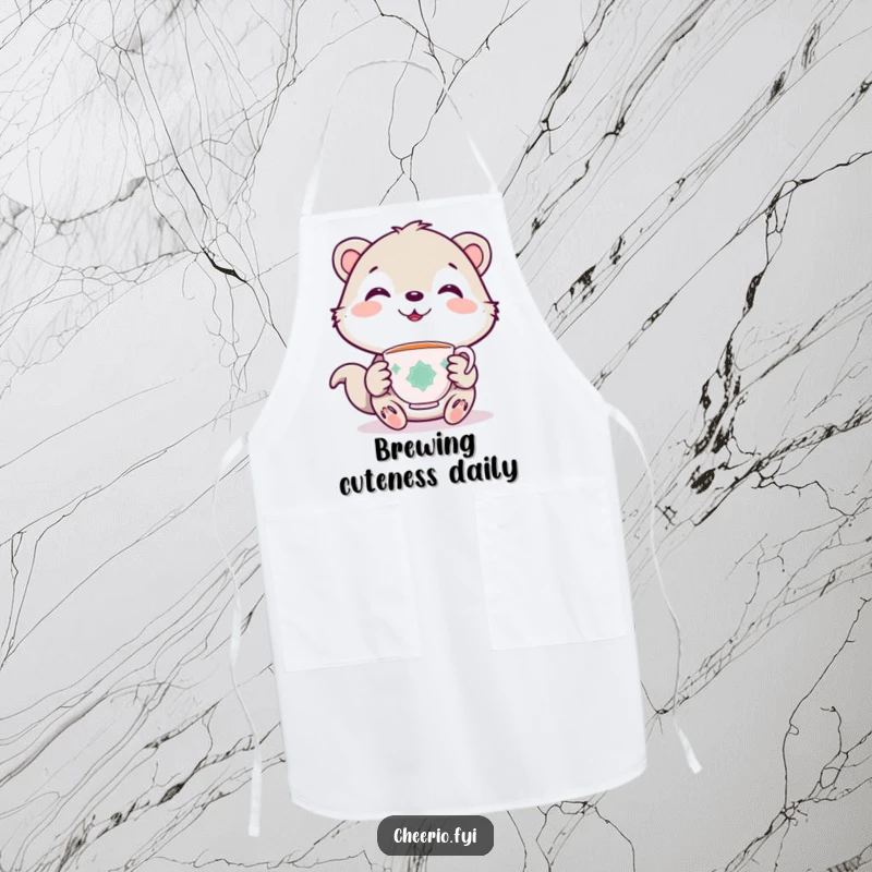 Funny kitchen apron with a cute animal character holding a tiny teacup, smiling warmly while cooking.