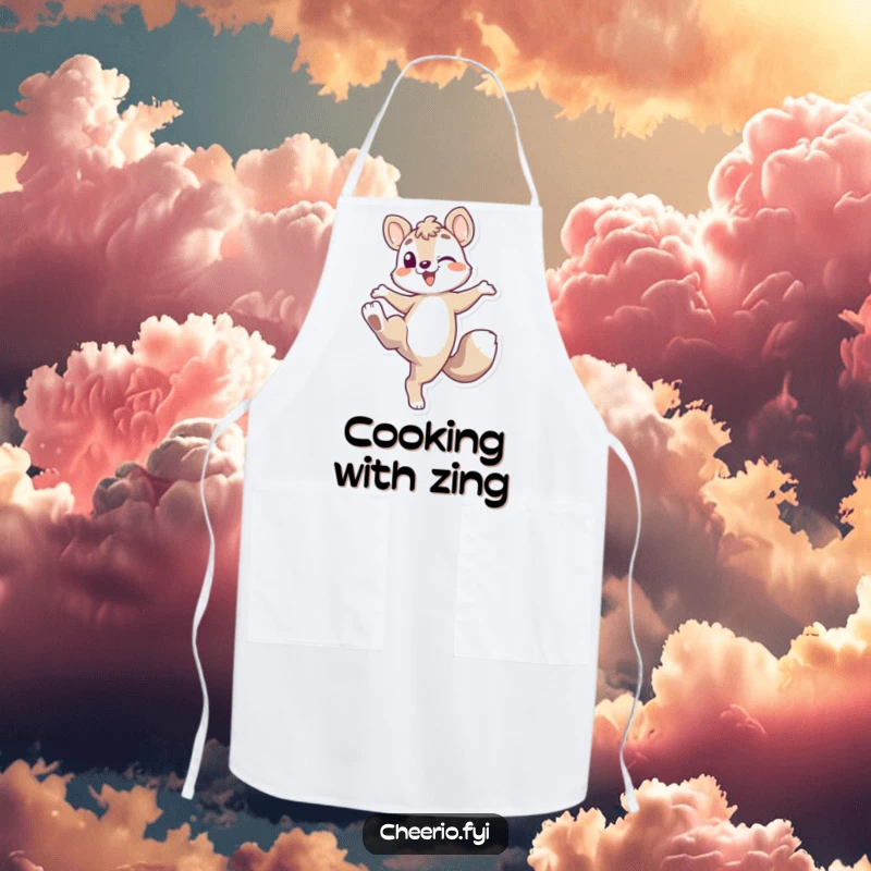 Funny Energetic Fox Apron: A chef wearing an energetic fox character playfully kicking its leg up, great for cooking, funny gift.