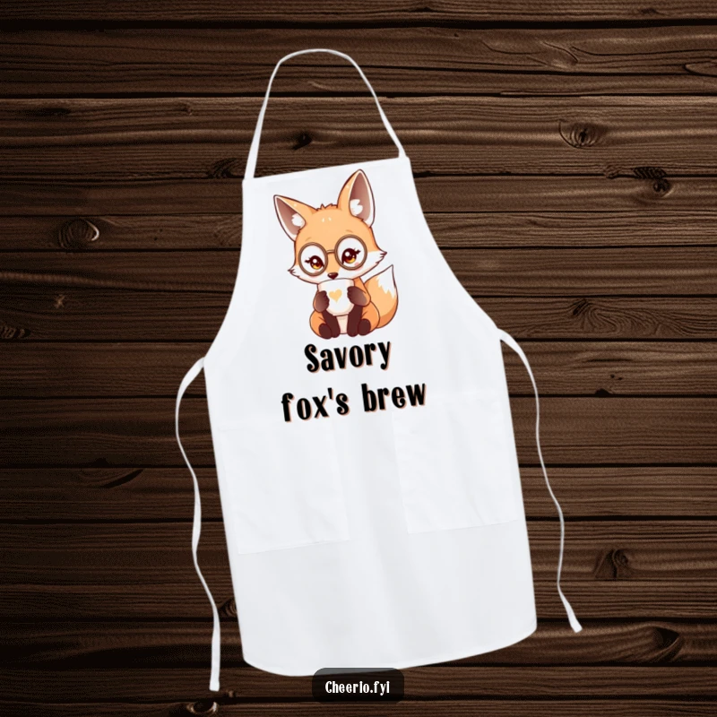 Funny cute fox wearing a miniature monocle sipping tea from a delicate cup, a chic kitchen apron.