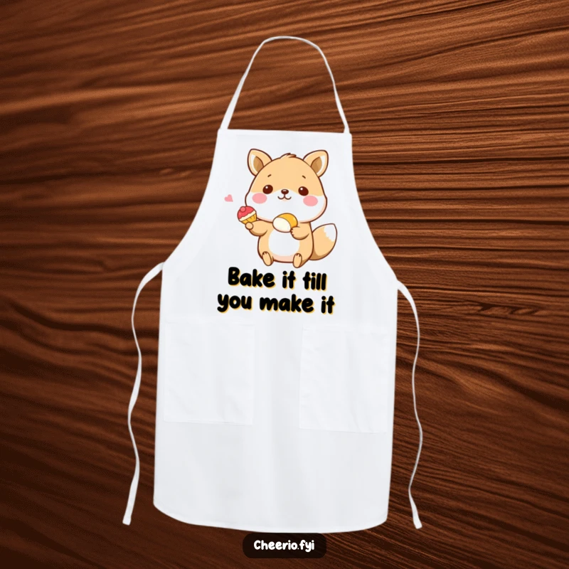 Funny apron with a happy animal character offering a tiny pastry, perfect for kitchen fun with sweet humor, ideal funny gift.