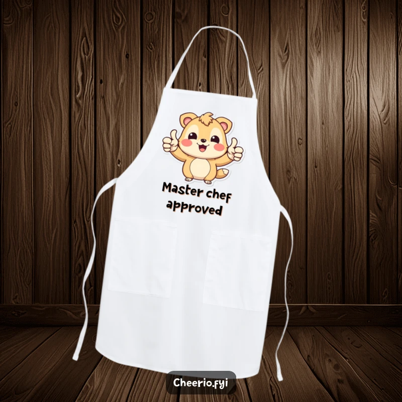 Funny Happy Bear Apron: A chef wearing a joyful bear character giving two thumbs up, great for cooking, funny gift.