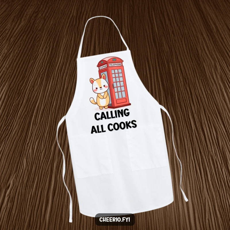 Funny apron showing a friendly smiling animal standing near a bright red telephone booth, ready for kitchen duty.