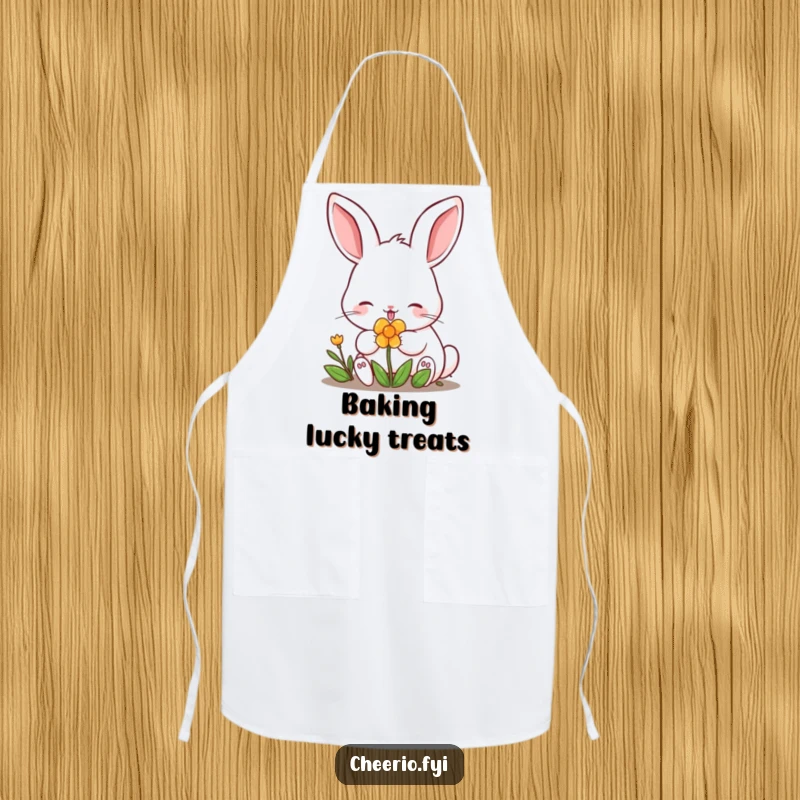 Funny rabbit with perked ears nibbling a clover on a practical apron. A charming funny gift.
