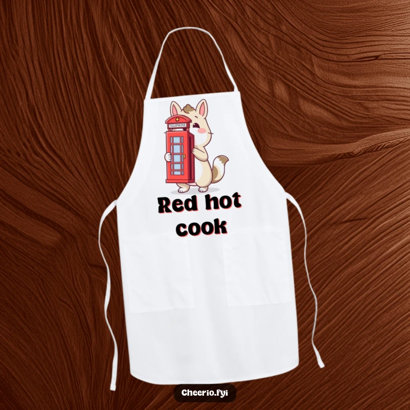 Funny apron with a proud animal character and a red telephone box, perfect for kitchen fun with British humor, ideal funny gift.