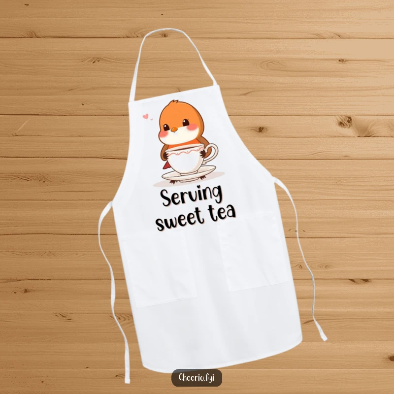 Funny playful robin with very proper posture offering a teacup, a charming kitchen apron.