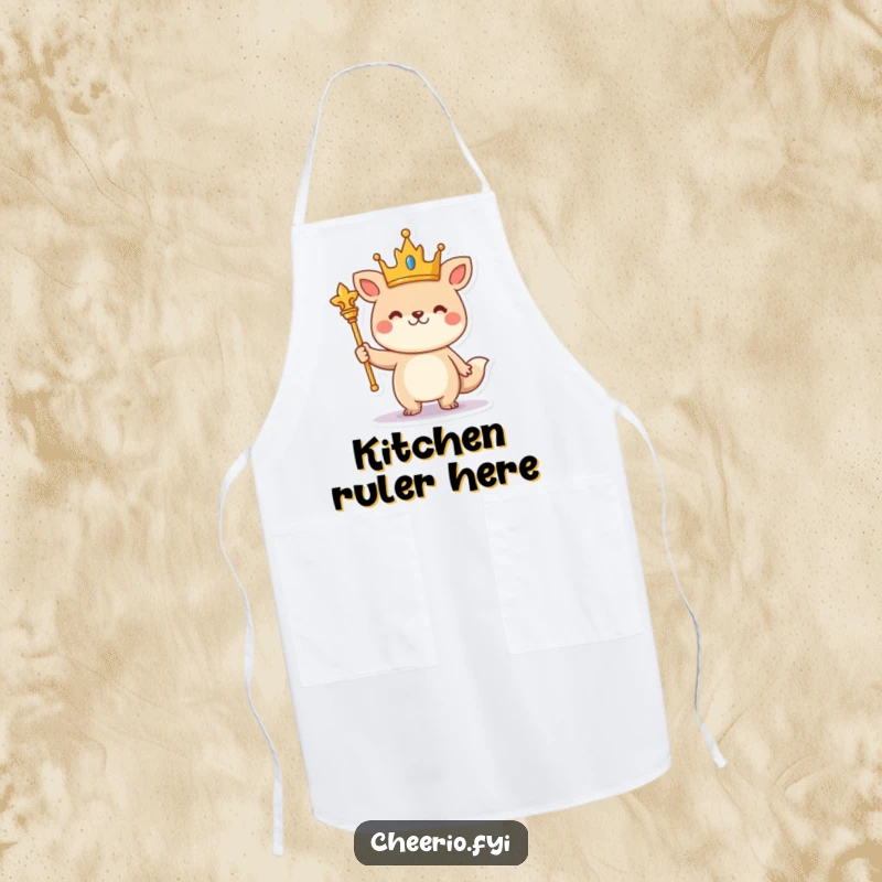 Funny cheerful animal wearing a crown and holding a scepter stands proudly on a cute kitchen apron.