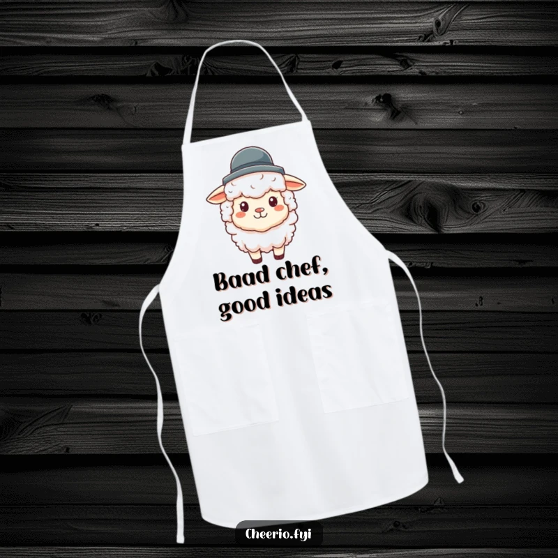 Funny sheep apron showing a fluffy sheep wearing a tiny bowler hat, ready to prepare delicious meals with a smile.