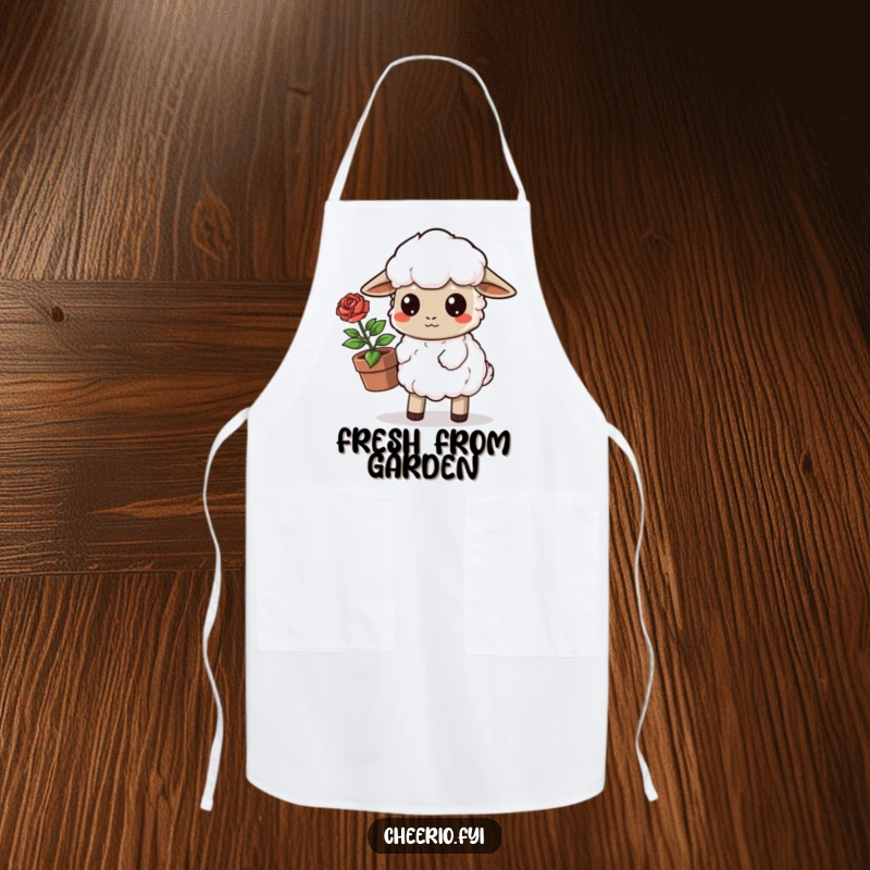 Funny Sheep Apron: A determined sheep carries a potted rose, perfect for garden-inspired cooking and kitchen flair. A great funny gift.
