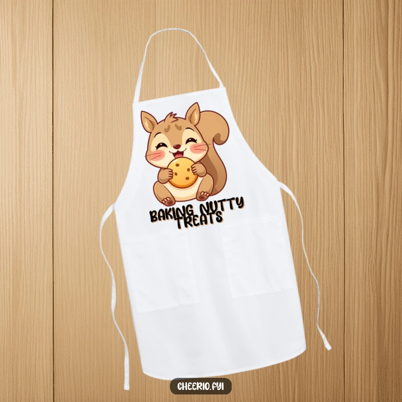 Funny delighted squirrel apron holding a small biscuit, ideal for cheerful and humorous kitchen activities.