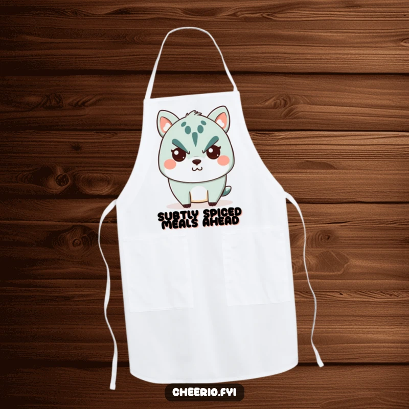 Funny Apron: A cute animal character looking stern but showing a tiny, secret smile, perfect for a humorous kitchen.