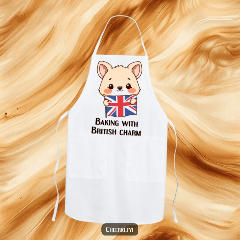 Funny apron with a happy animal character peeking from behind a Union Jack flag, ready to cook.