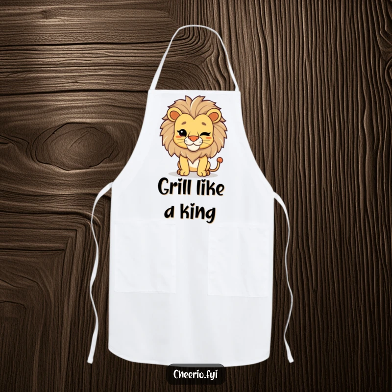 Funny Lion Wink Apron: A proud lion in a regal pose winks, ready for humorous culinary command.