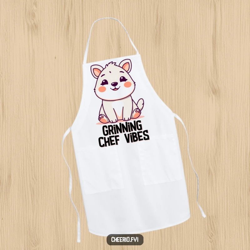 Cute animal with a friendly, welcoming grin, illustrated on a humorous kitchen apron.