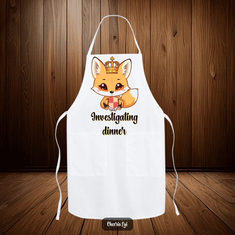 Funny fox with wide eyes looking at a miniature royal crest on a stylish apron. A witty funny gift.