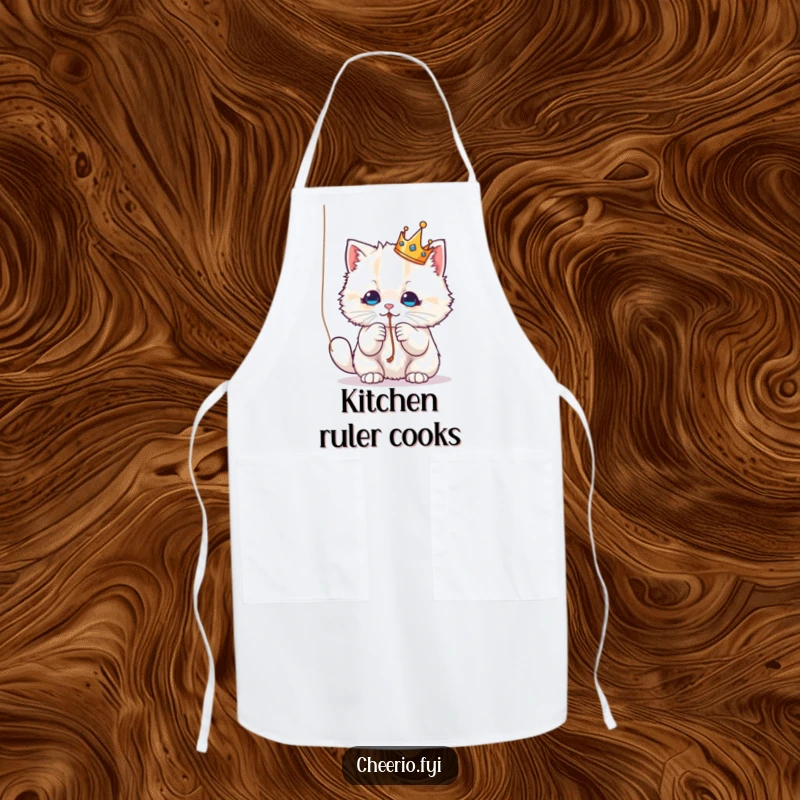 Funny Apron: A fluffy cat in a crown playfully batting a string, a humorous and protective kitchen accessory.
