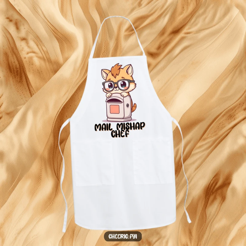 Funny apron showing a playful animal with spectacles tripping over a small post box, perfect for comic cooking.