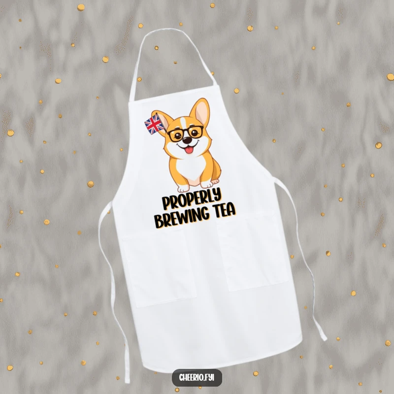 Funny Corgi Monocle Union Jack Apron: A cheerful corgi in a monocle waves the union flag, ready for humorous kitchen duties.