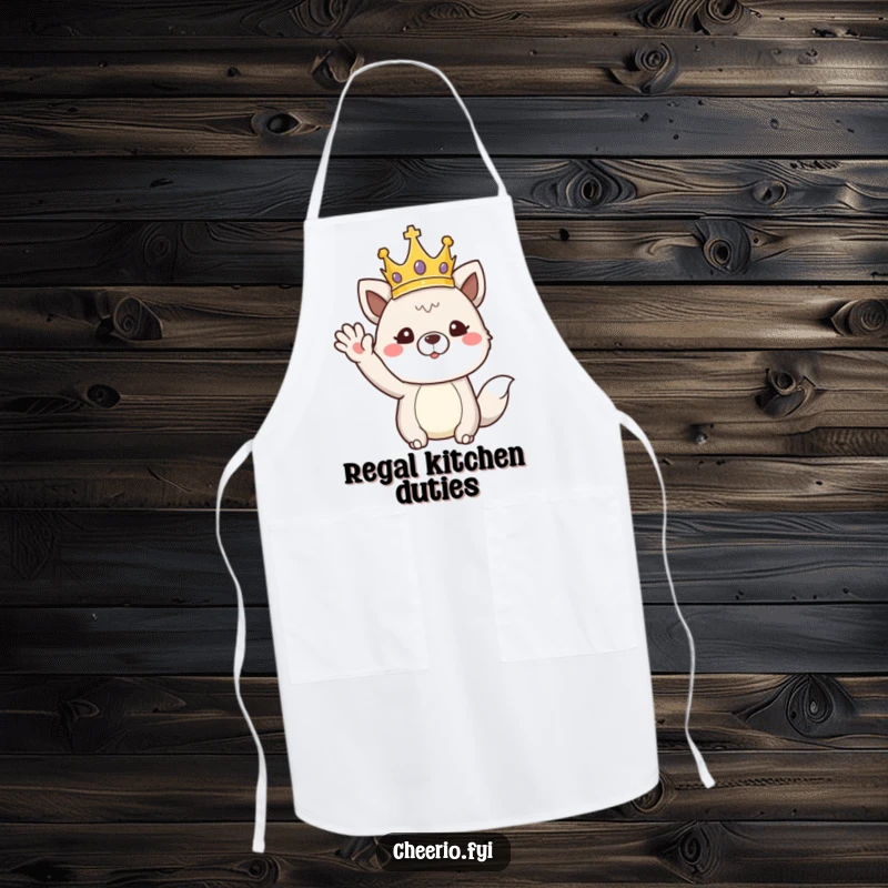 Funny apron showing an animal wearing a crown and performing a regal wave, perfect for a majestic kitchen experience.