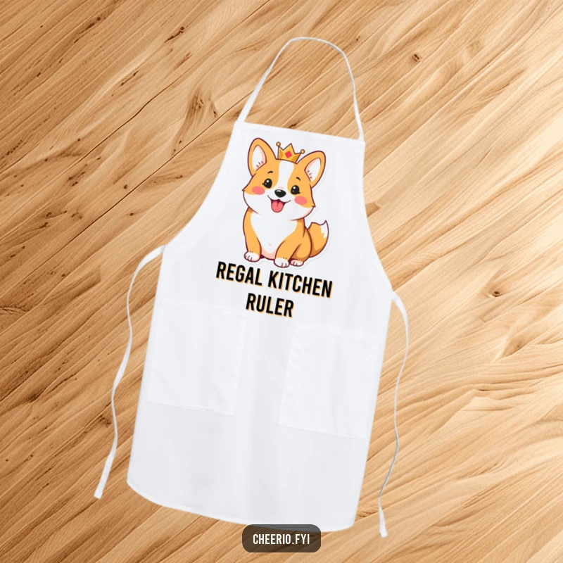 Funny apron with a cheerful corgi wearing a small crown and wagging its tail, bringing royal humor to cooking.