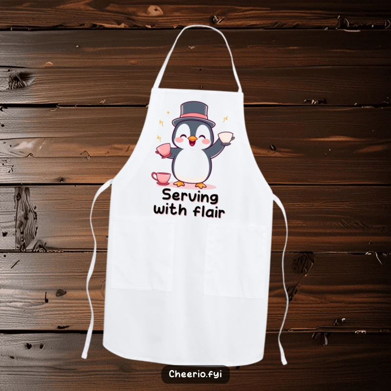 Funny Penguin Juggling Apron: A delighted penguin wearing a bowler hat juggles teacups, ready for humorous kitchen service.