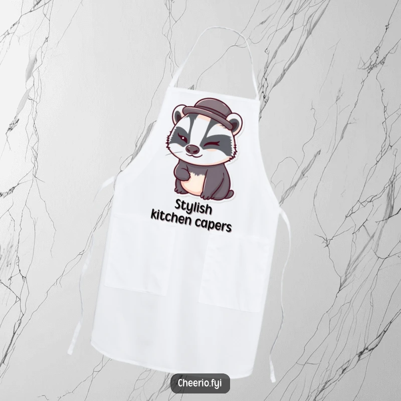 Funny badger wearing a bowler hat winks while you cook on this cute and humorous kitchen apron gift.