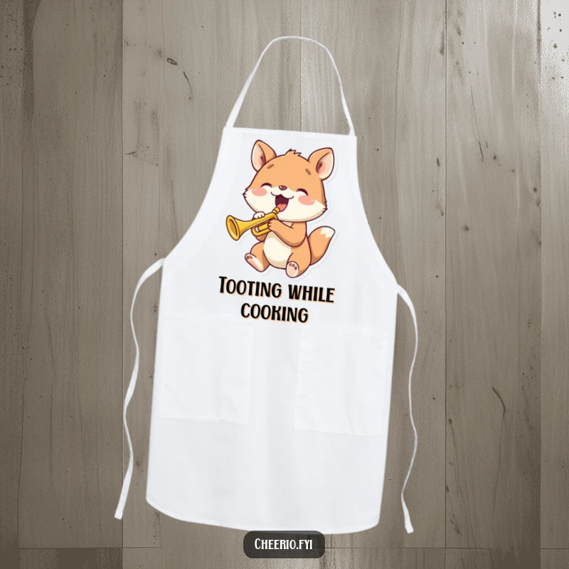 Funny animal joyfully playing a tiny trumpet, illustrated on a humorous kitchen apron.