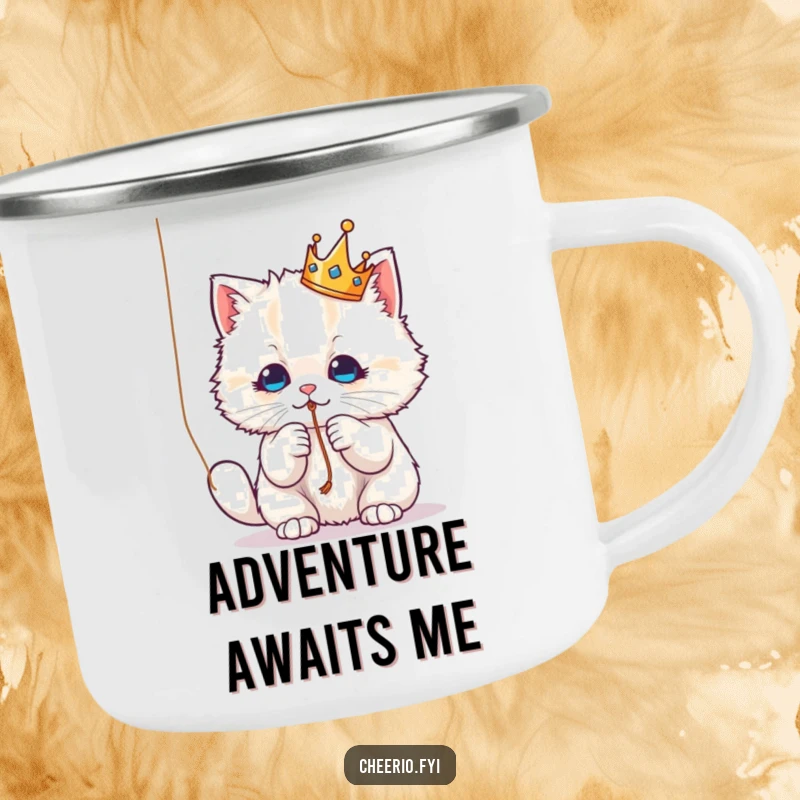 Funny Camping Mug: A crowned fluffy cat playfully batting a string, a durable and amusing mug for outdoor fun.